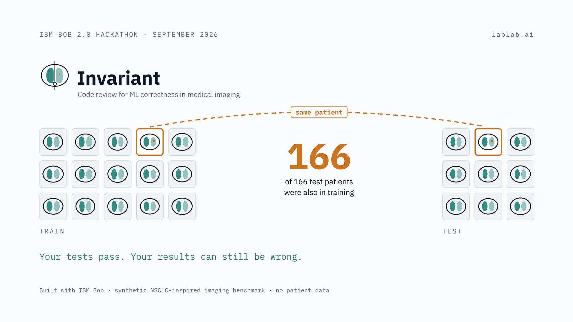 Patient-level data leakage diagram: 166 of 166 test patients also in training